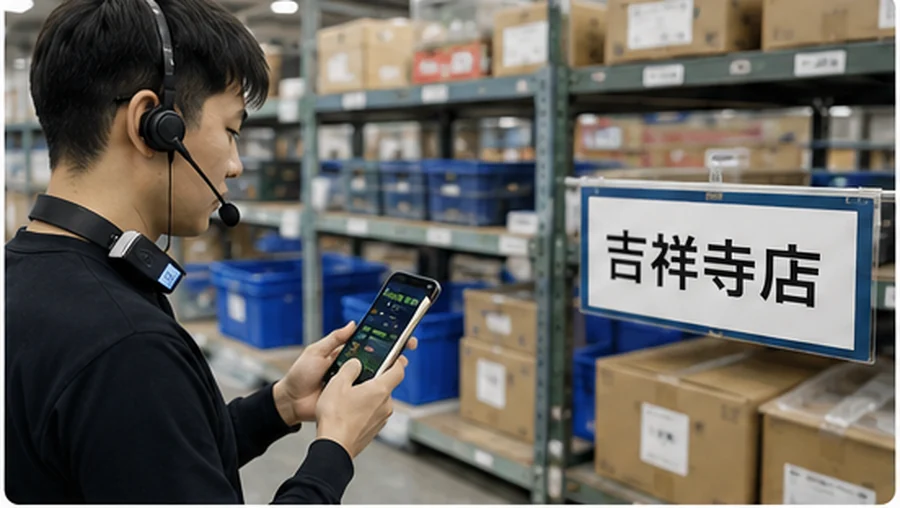 吉祥寺店を例にスマートフォンとヘッドセットで音声仕分けする物流現場イメージ